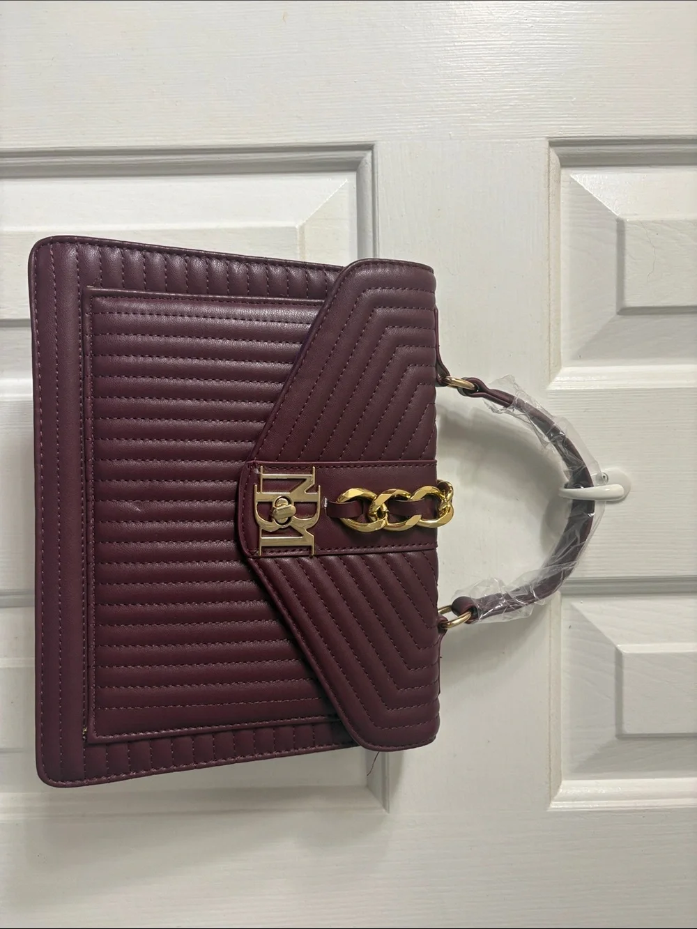 Quilted Burgundy Top-Handle Satchel with Gold Chain Accent